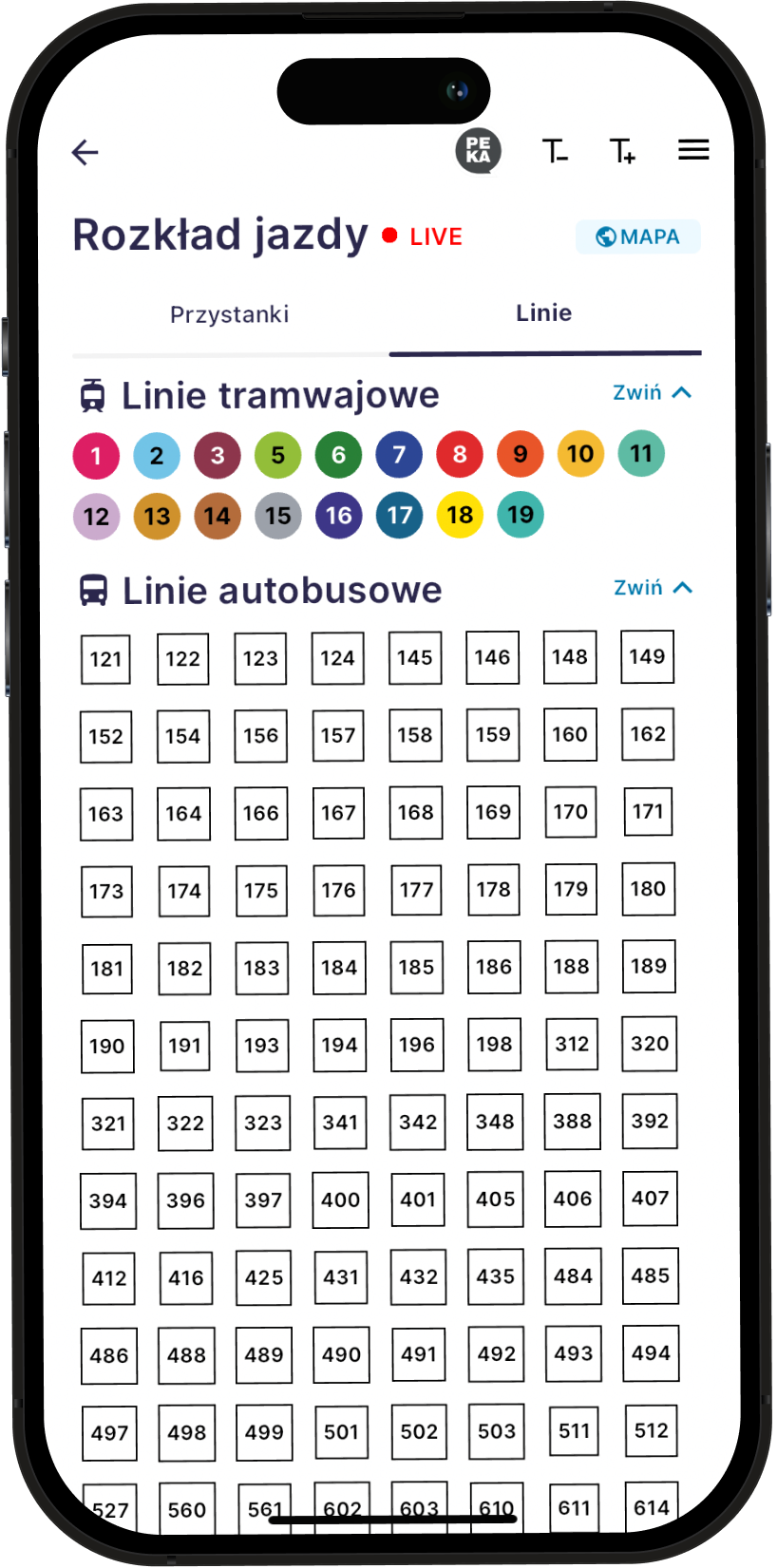 Obraz przedstawiający telefon z widoczną listą linii komunikacji miejskiej
