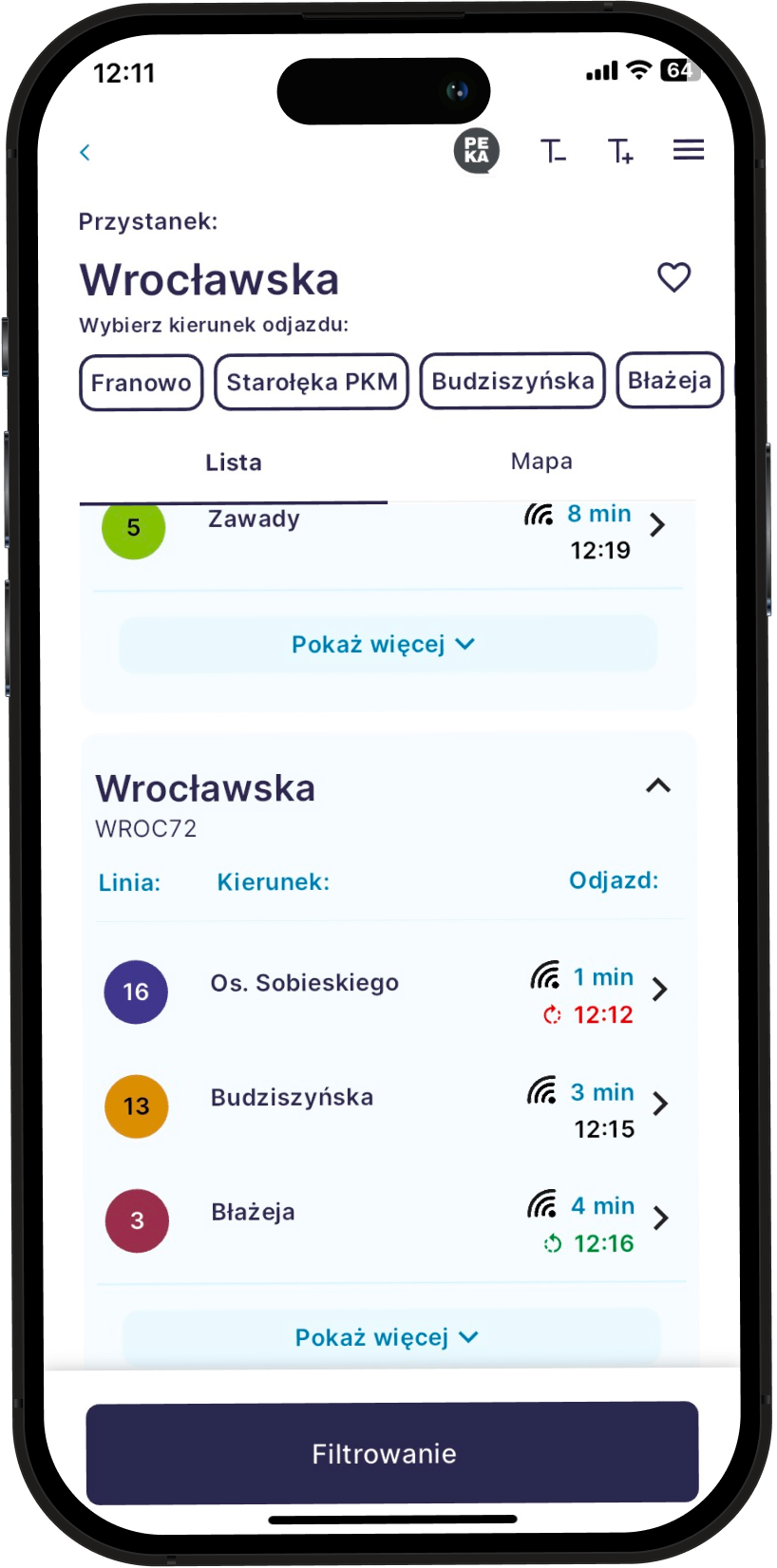 Zdjęcie przedstawia wizualizację telefonu z pokazanym widokiem przystanku z aplikacji Smart City Poznań